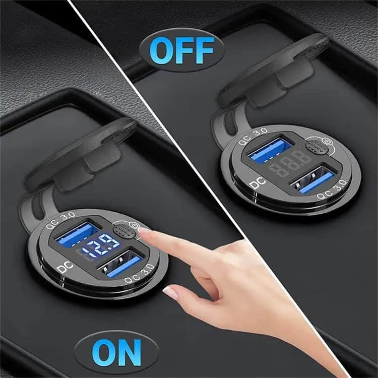 12/24V Aluminium Metal 36W QC3.0 Dual USB Car Motor Charger Socket Waterproof With Voltmeter Switch