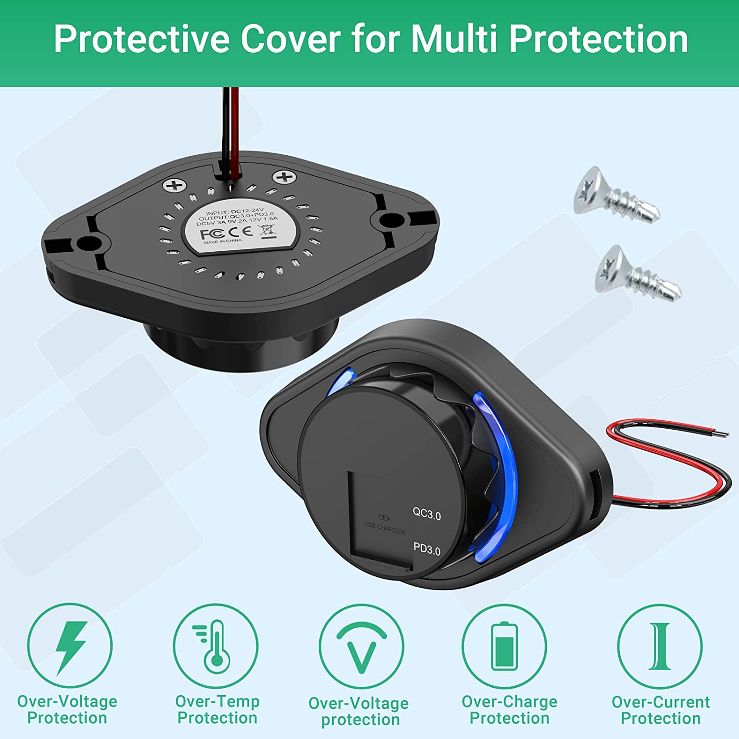 12V USB Car Charger Socket Dual PD3.0 and QC3.0 18W Car USB Ports Waterproof Power Outlet for RV