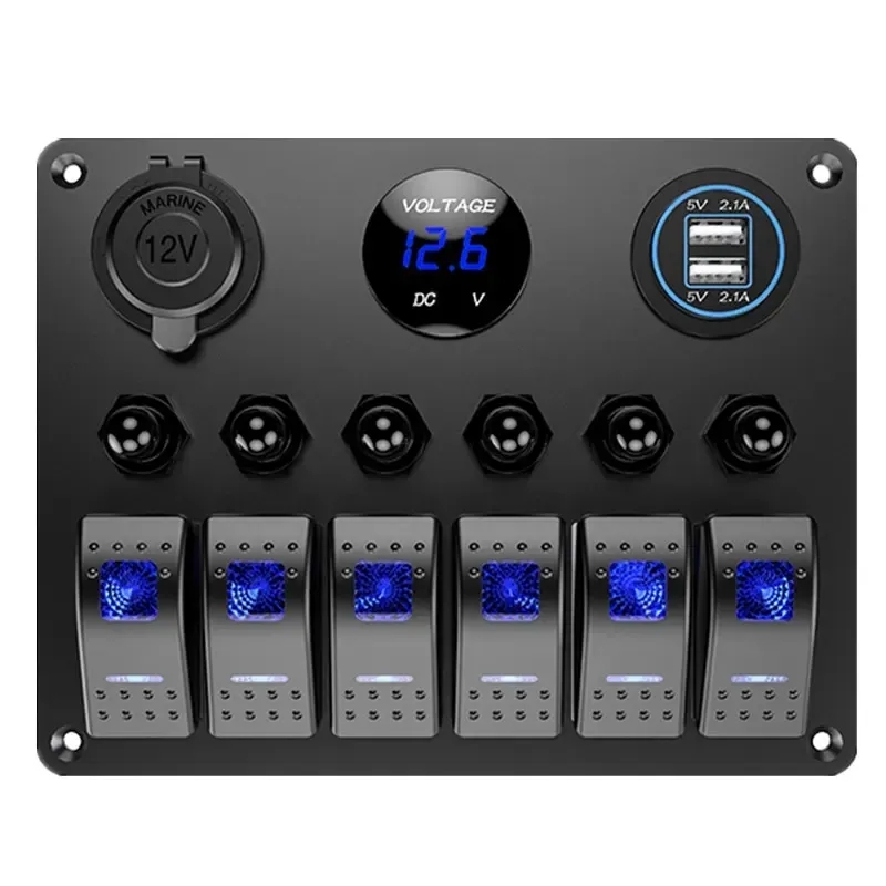 6 Gang Rocker Switch Panel Waterproof Digital Voltmeter Dual USB Ports 12V Outlet LED